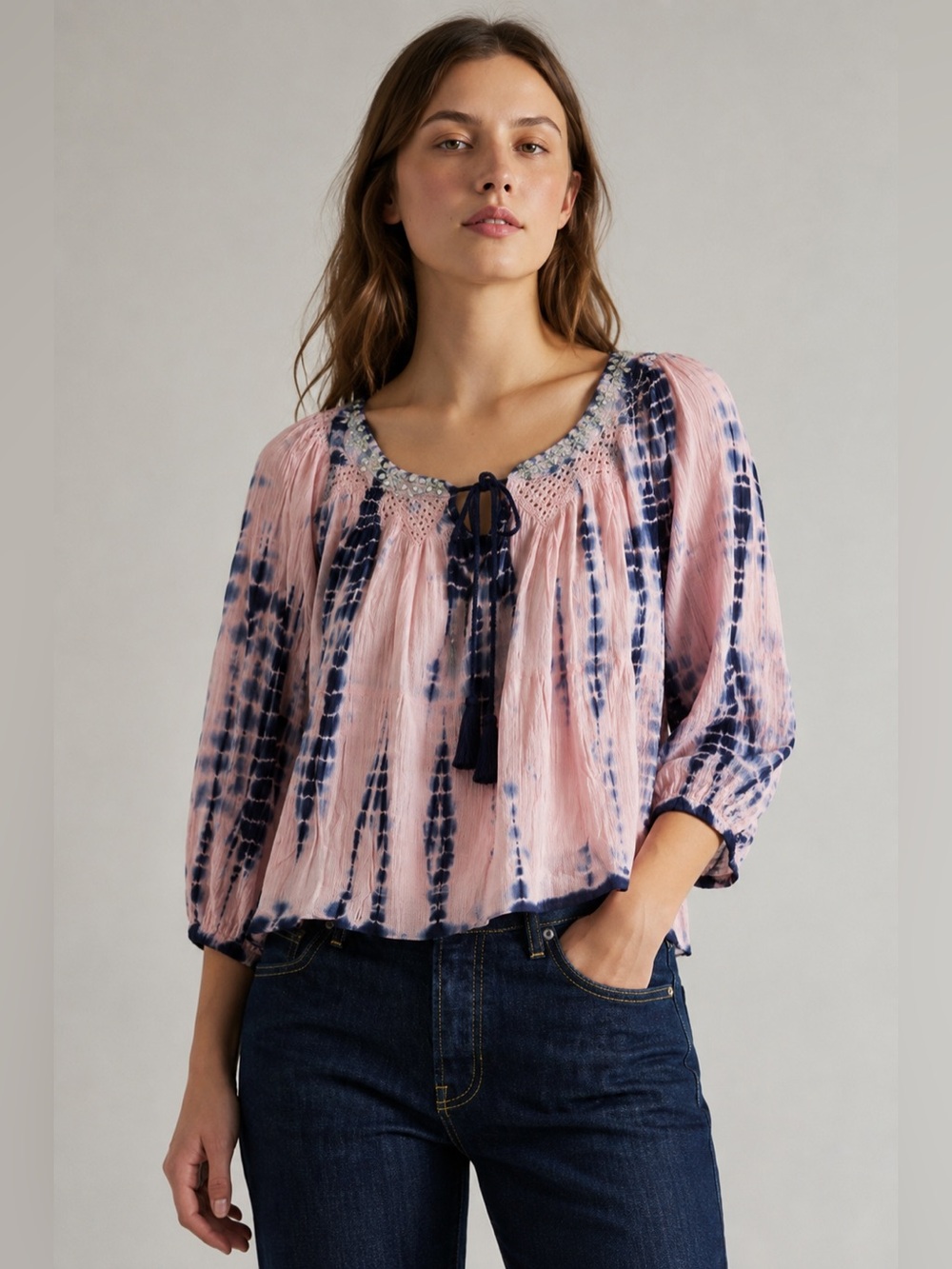 NEW Raga Cotton Beaded Embroidered Tie Dye Flowy Boho Blouse Size XS